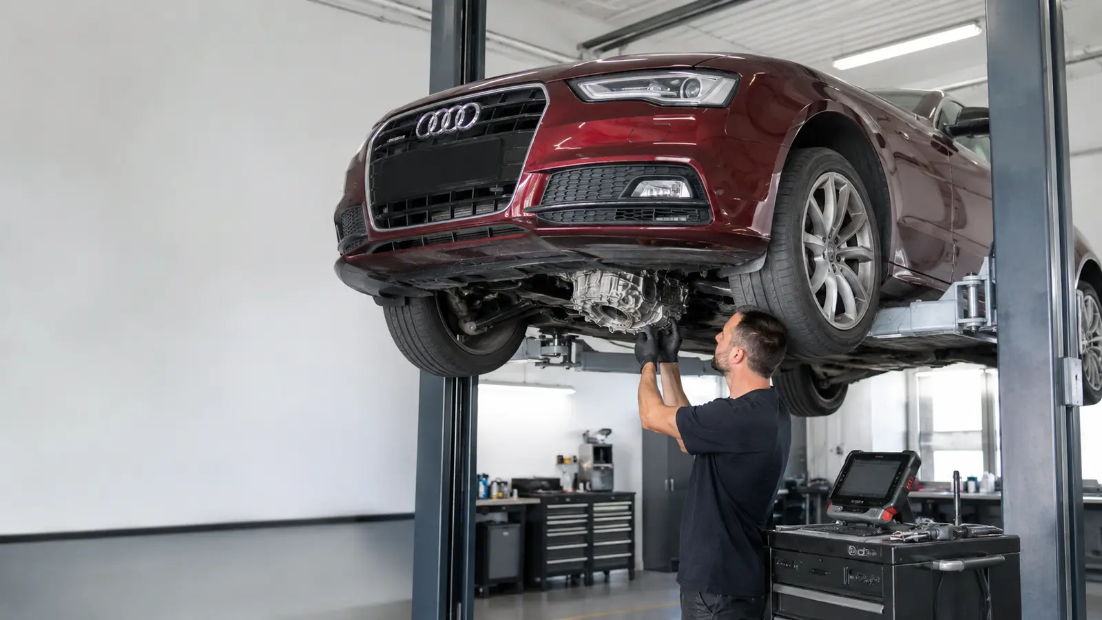 Technician inspecting an Audi transmission and clutch area on a lift