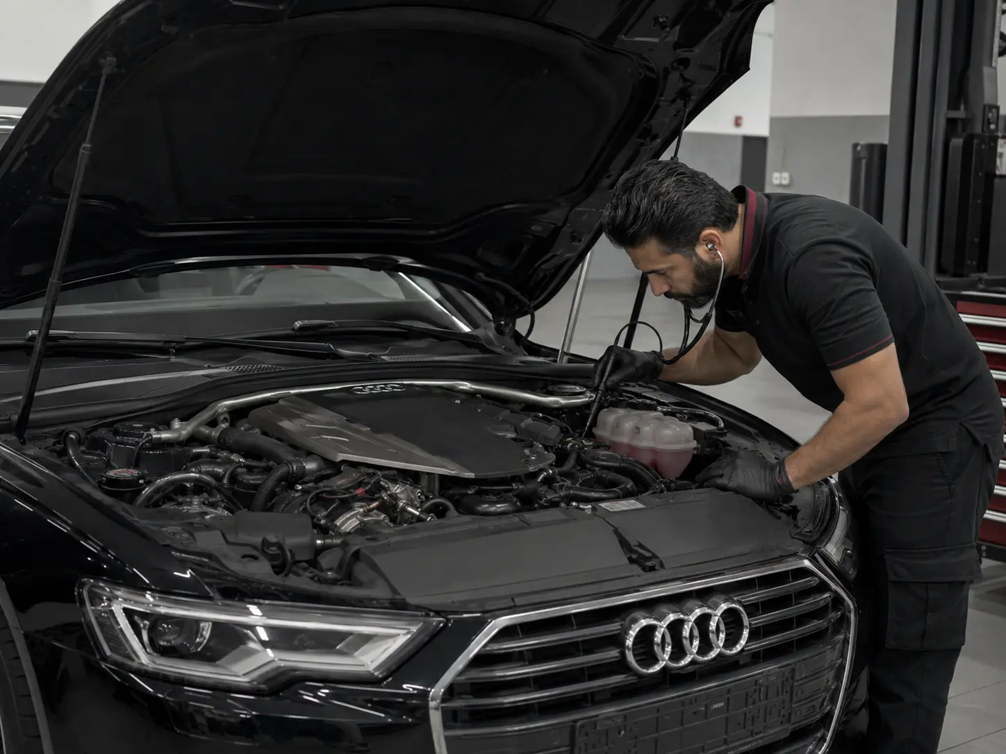 Technician localising a cold-start engine rattle on a black Audi