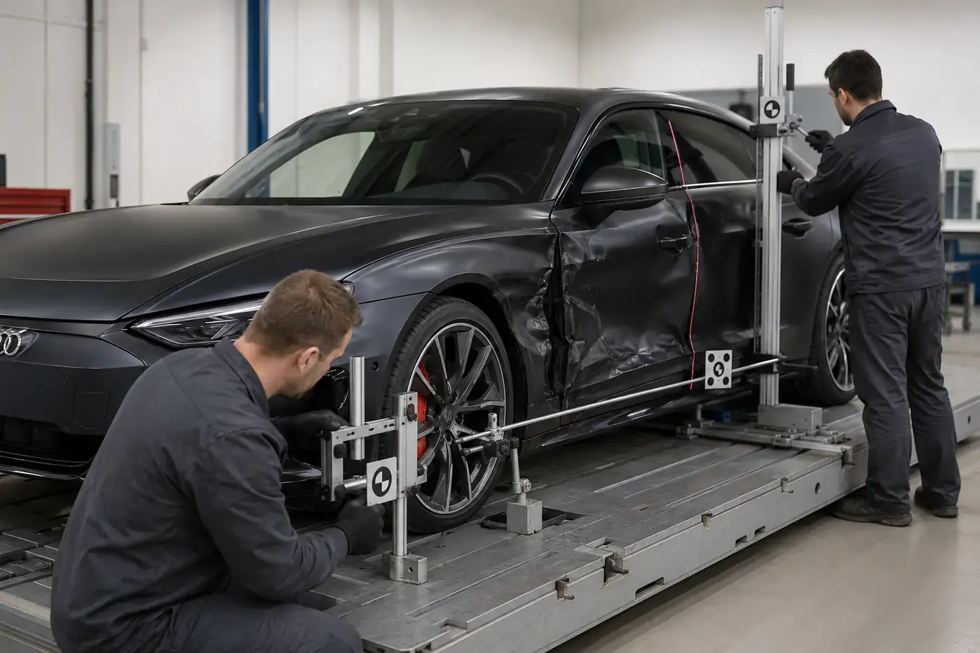 Technicians measuring an Audi door opening and wheel position after impact
