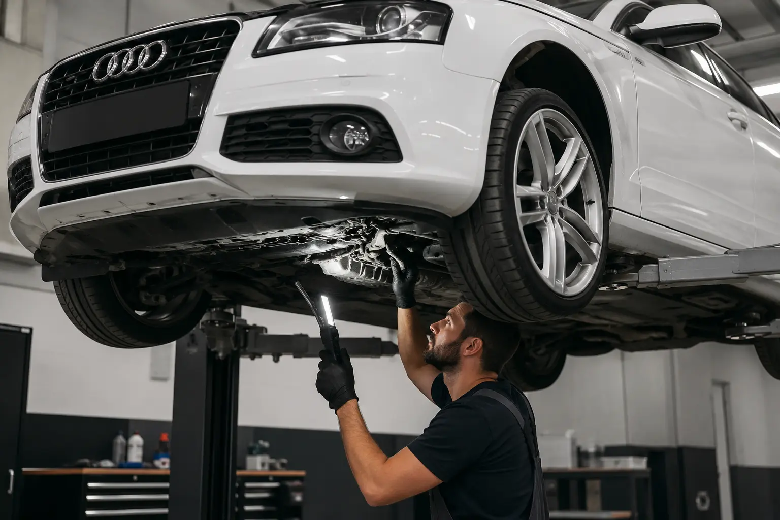 Technician inspecting an Audi for coolant leakage underneath