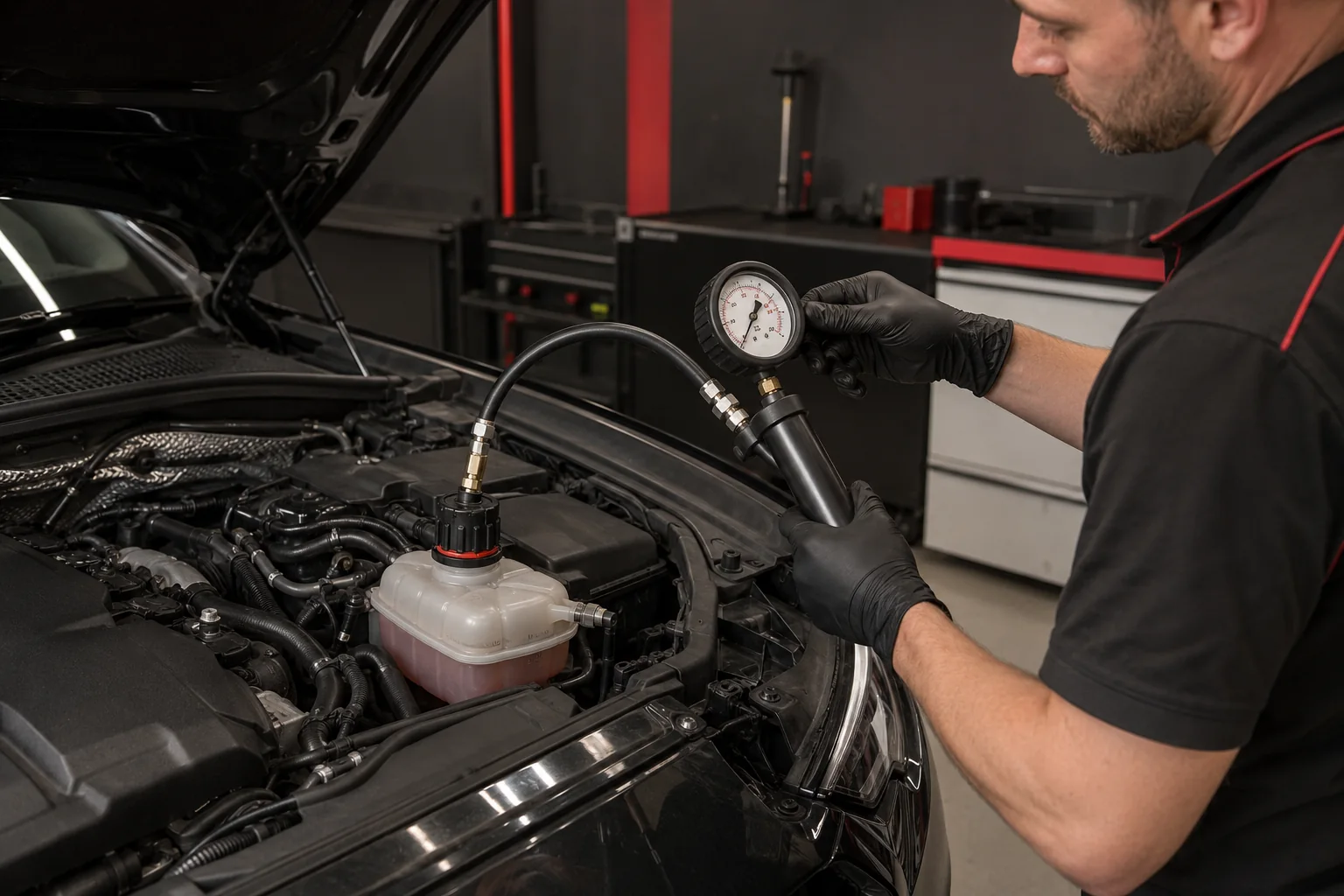 Technician pressure-testing an Audi cooling system with a cap adapter, hand pump and analogue gauge