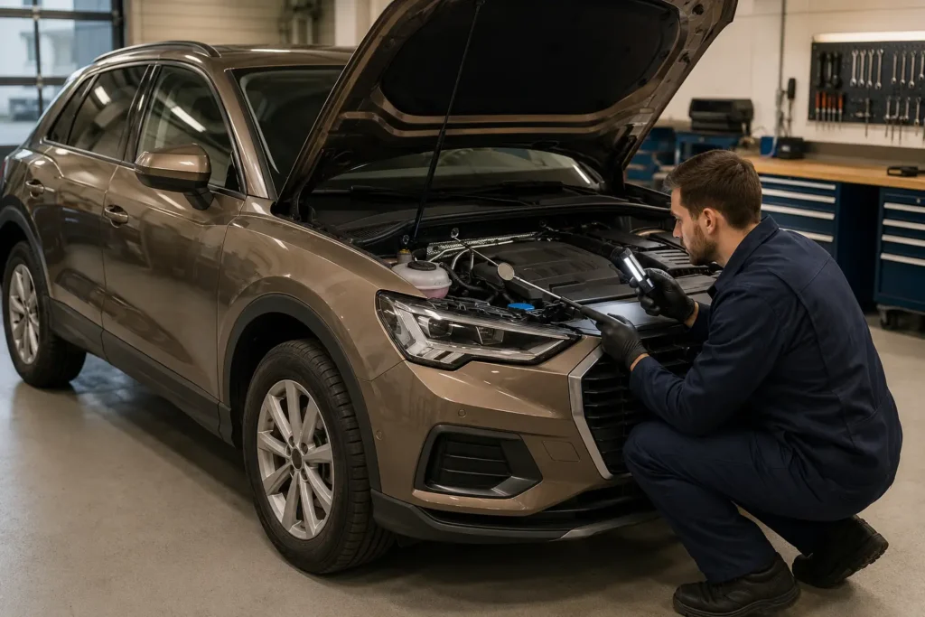 Cold visual inspection around the coolant tank and hose connections of an Audi Q3