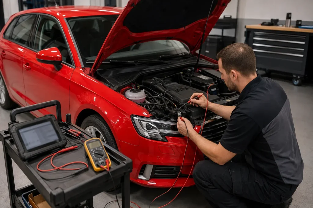 Electrical checks for the cooling-fan circuit of an Audi A3