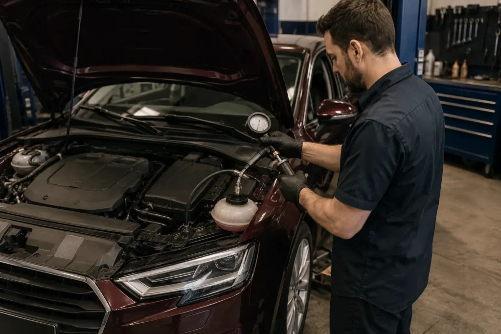 Cooling-system pressure test setup on a cold Audi saloon
