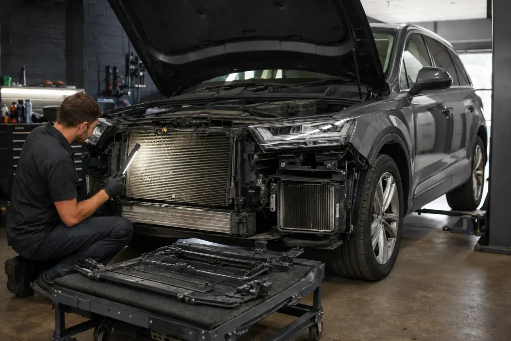 Technician inspecting the front radiator and airflow path of a graphite-grey Audi Q7
