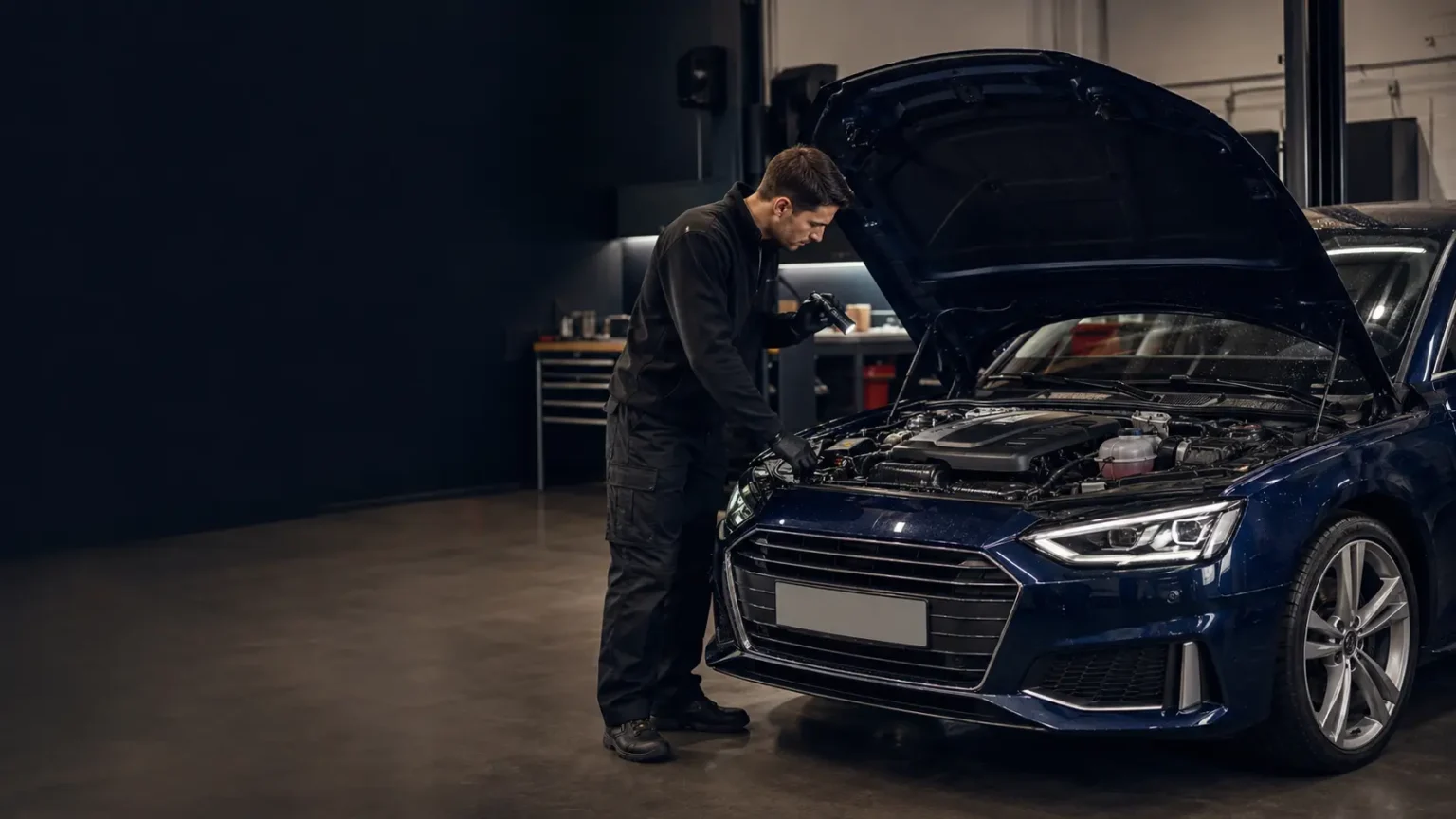 Technician inspecting an Audi cooling system in a Dubai workshop