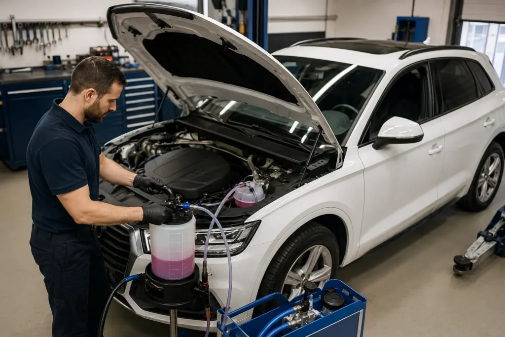Controlled coolant refill equipment connected to an Audi Q5