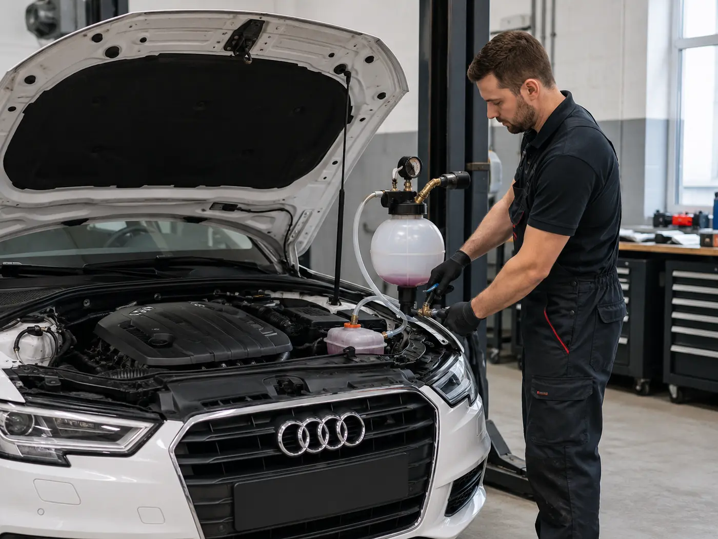 Technician vacuum filling an Audi cooling system after water pump replacement