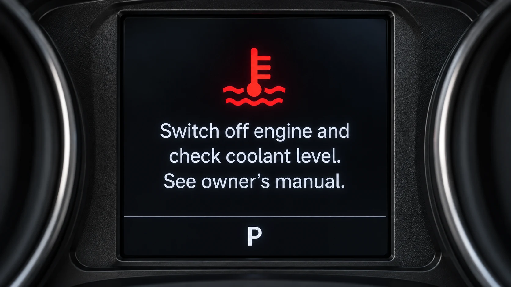 Illustrative dashboard showing a red coolant symbol and switch off engine message