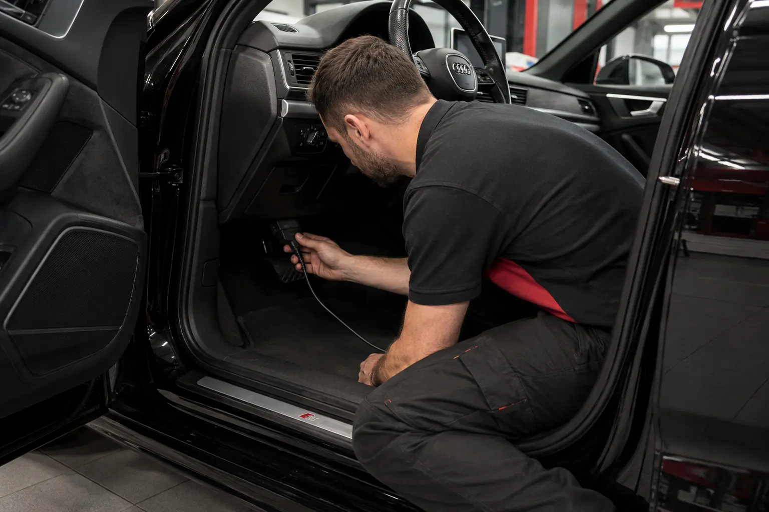 Technician connecting diagnostic equipment beneath an Audi dashboard