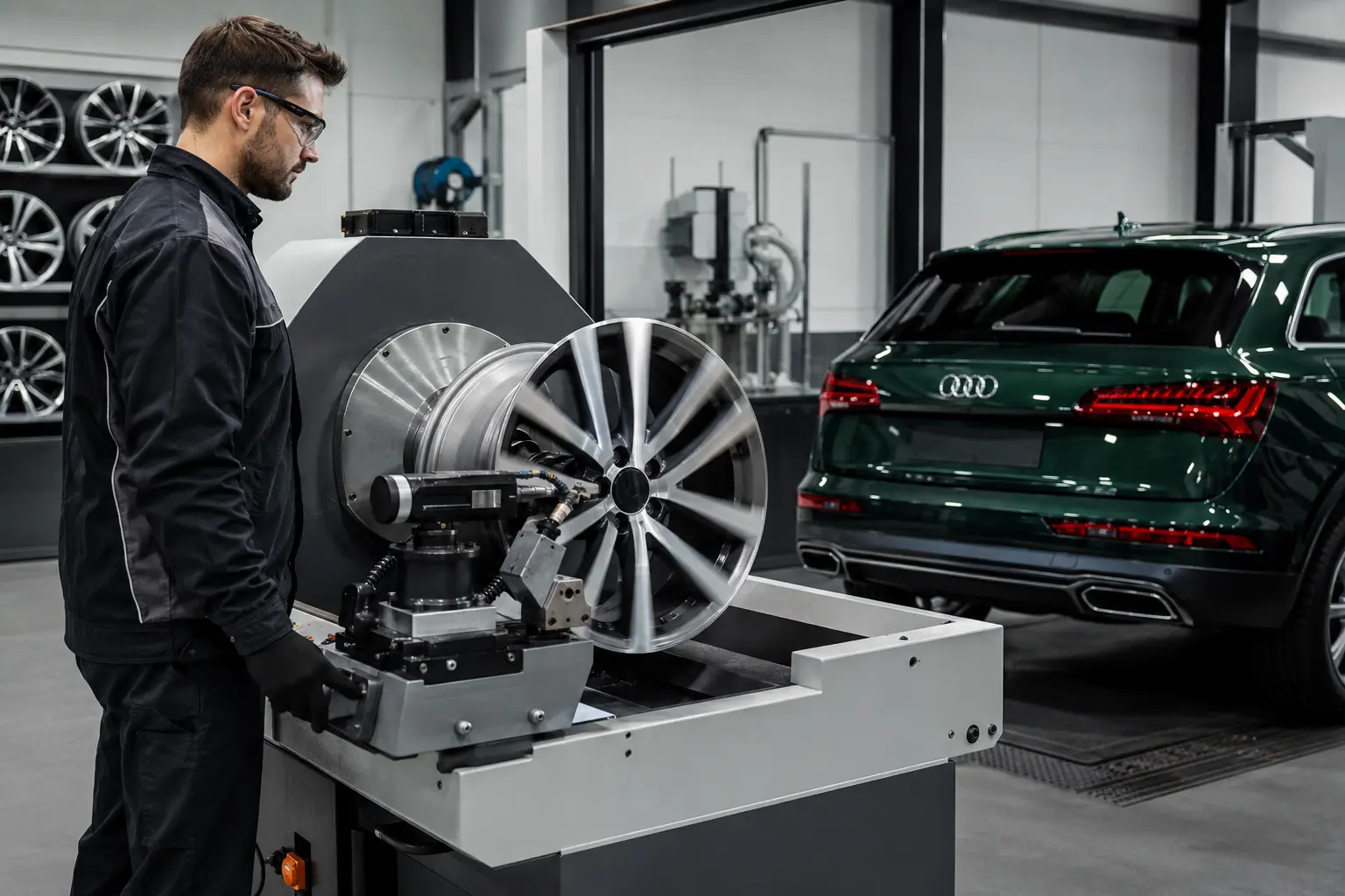 Audi alloy wheel mounted for controlled diamond-cut refinishing