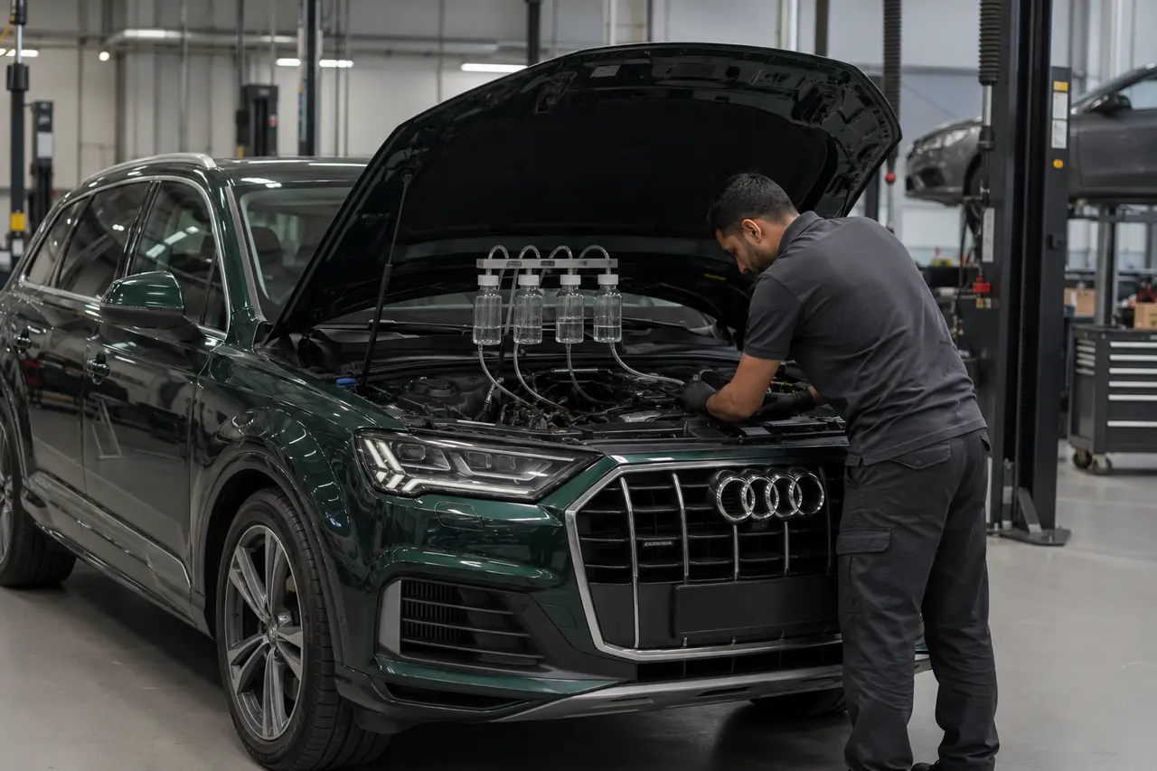 Diesel injector return-flow testing on a green Audi Q7 TDI