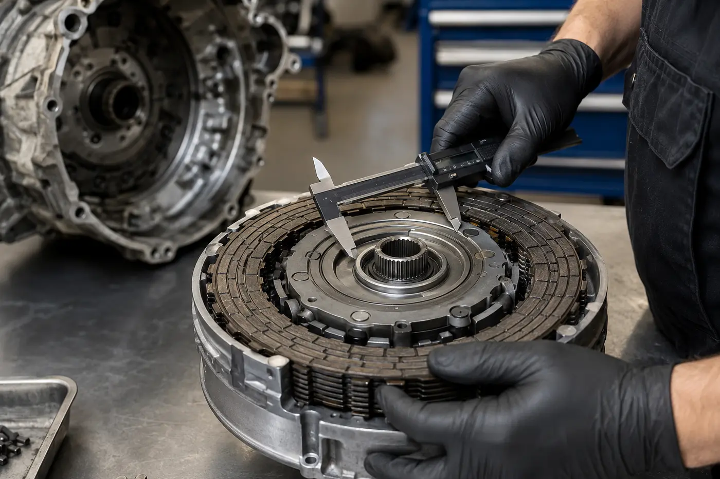 Technician measuring a dry dual-clutch pack on a workshop bench