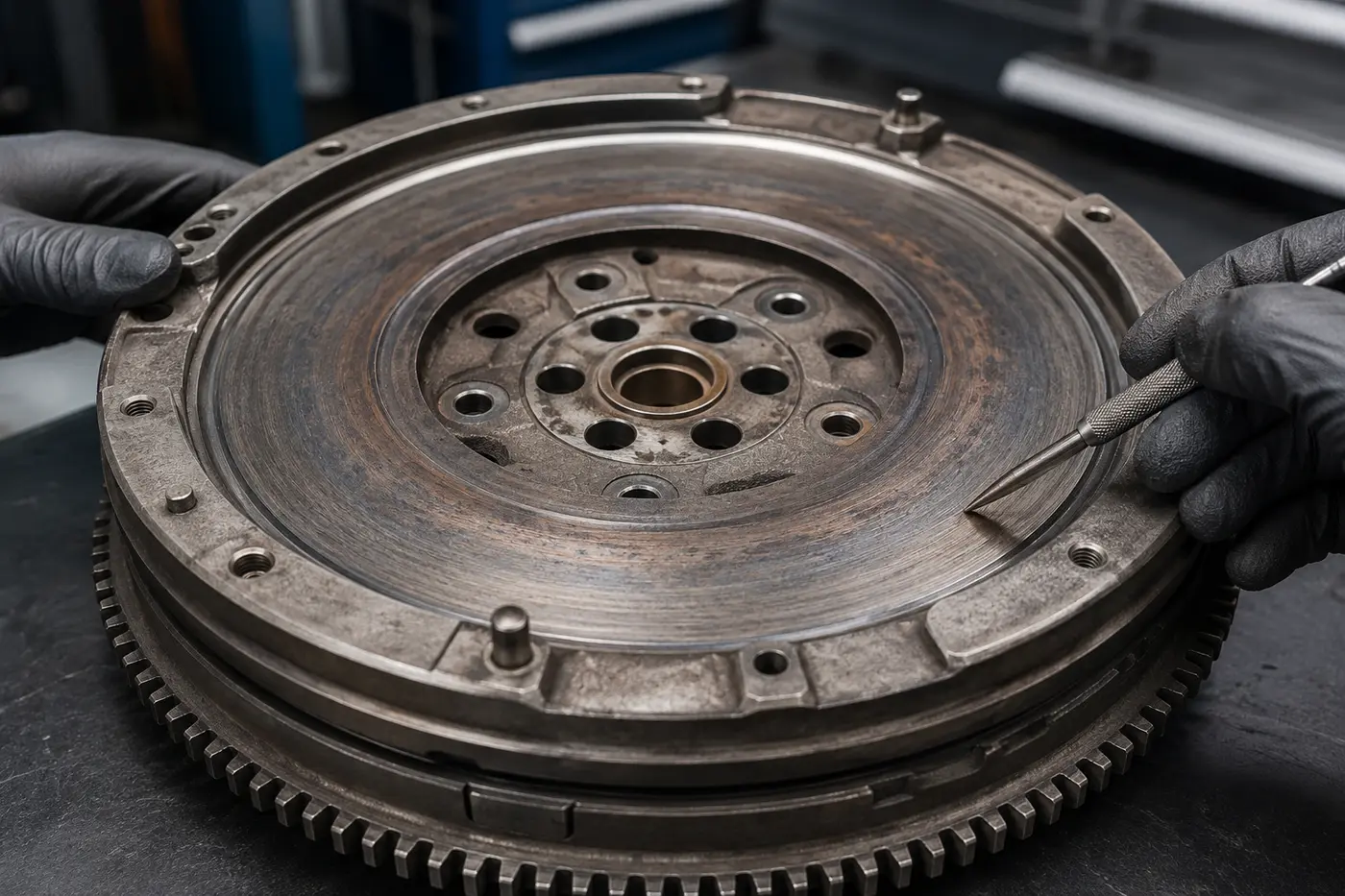 Dual-mass flywheel surface and movement inspected on a workshop bench