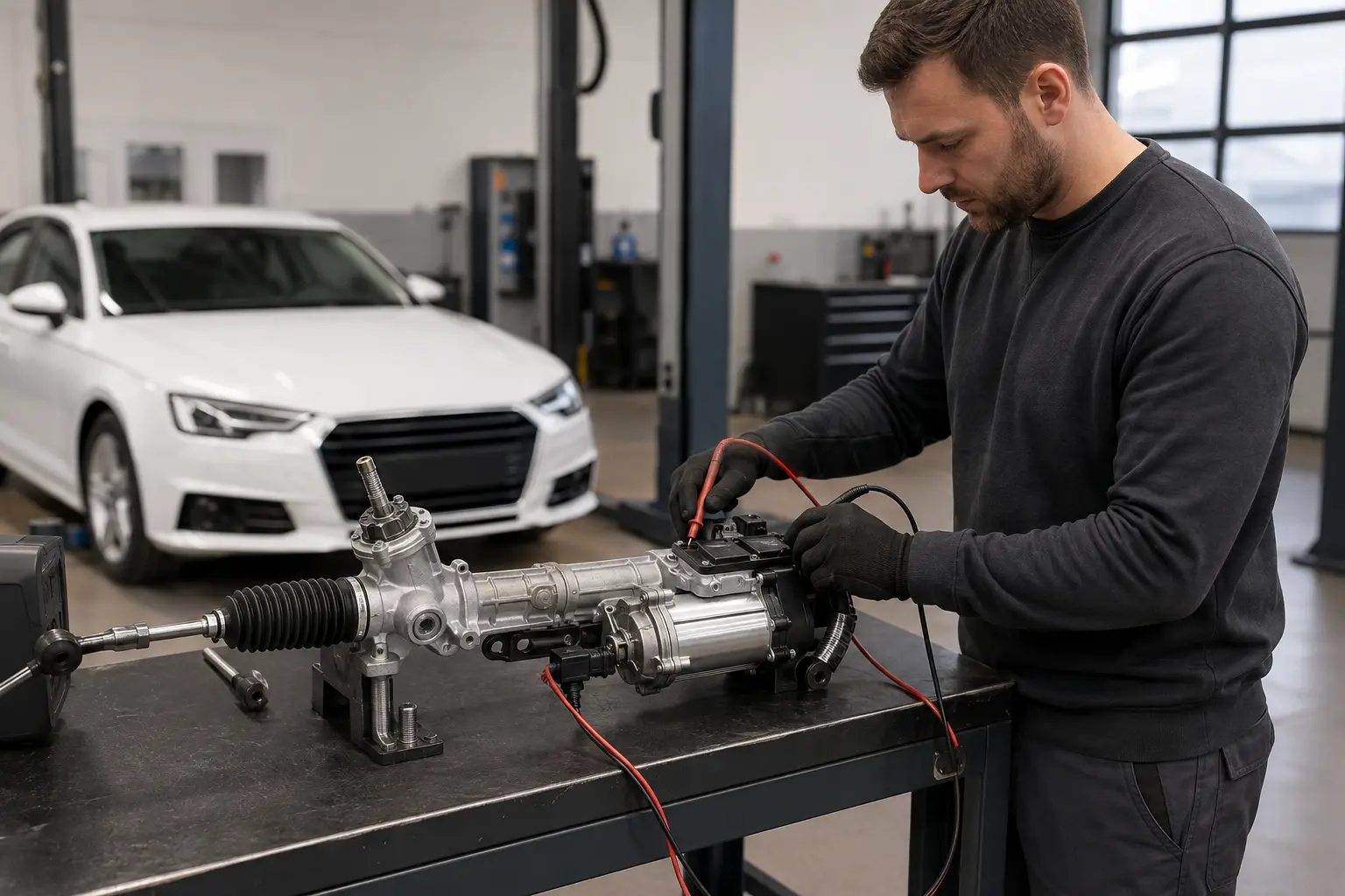 Technician bench testing an electromechanical Audi steering rack
