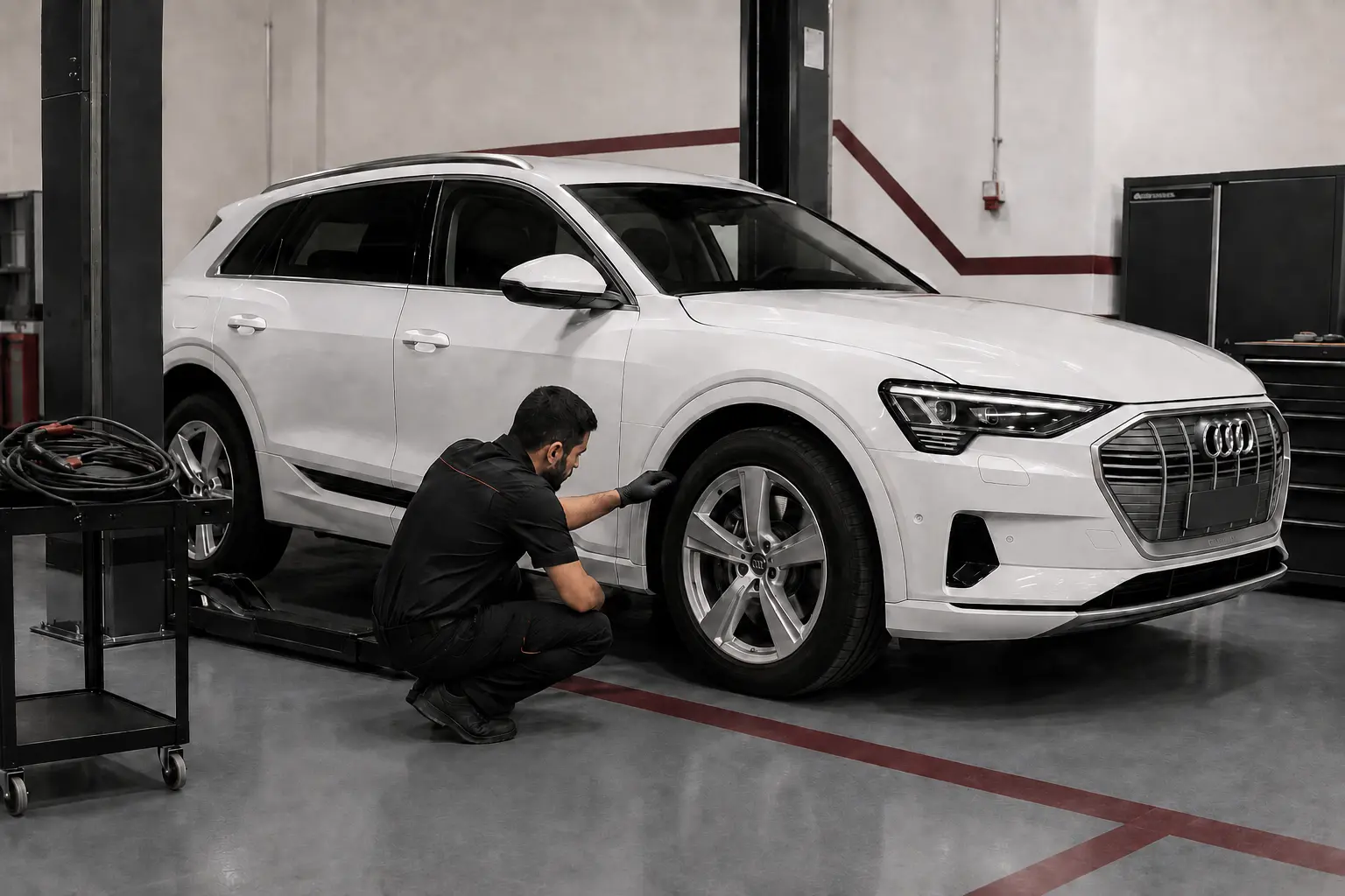 Technician checking tyres and chassis condition on an Audi electric SUV