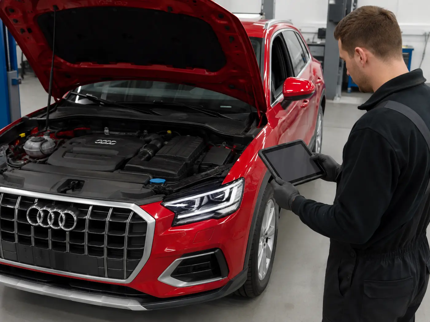 Technician confirming Audi vehicle and engine information before timing belt work