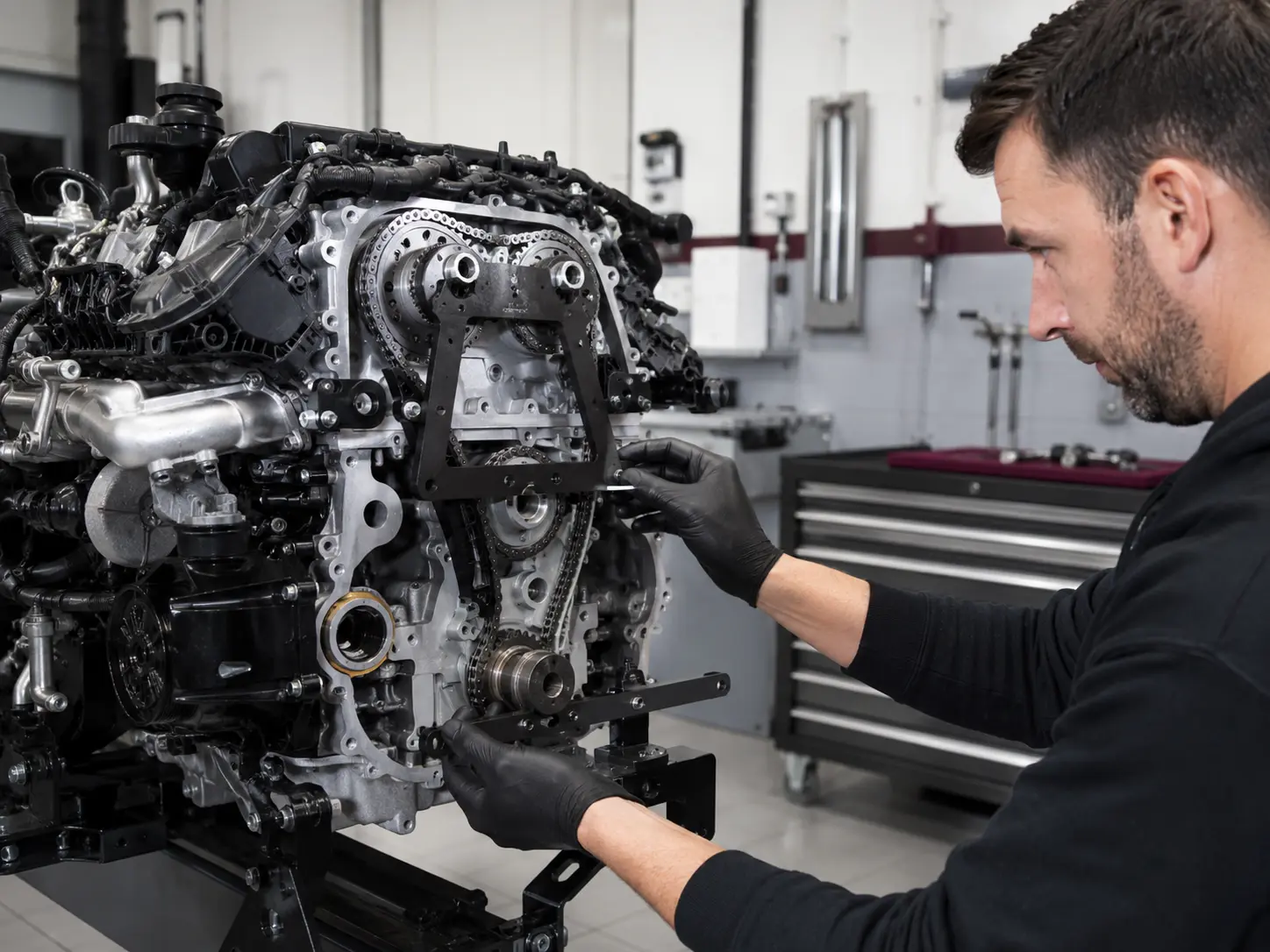 Technician using engine-specific timing locking fixtures during alignment work