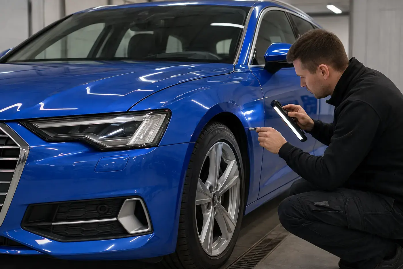 Technician checking panel gaps and finish reflections on a repaired blue Audi