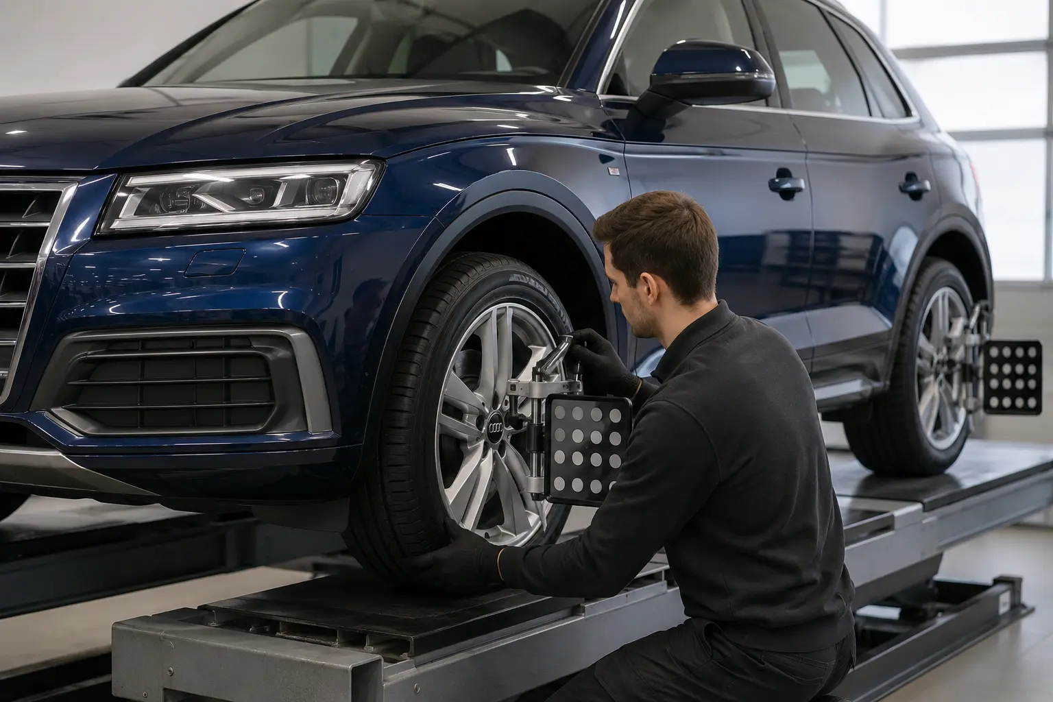 Technician fitting four-wheel alignment targets to a blue Audi SUV