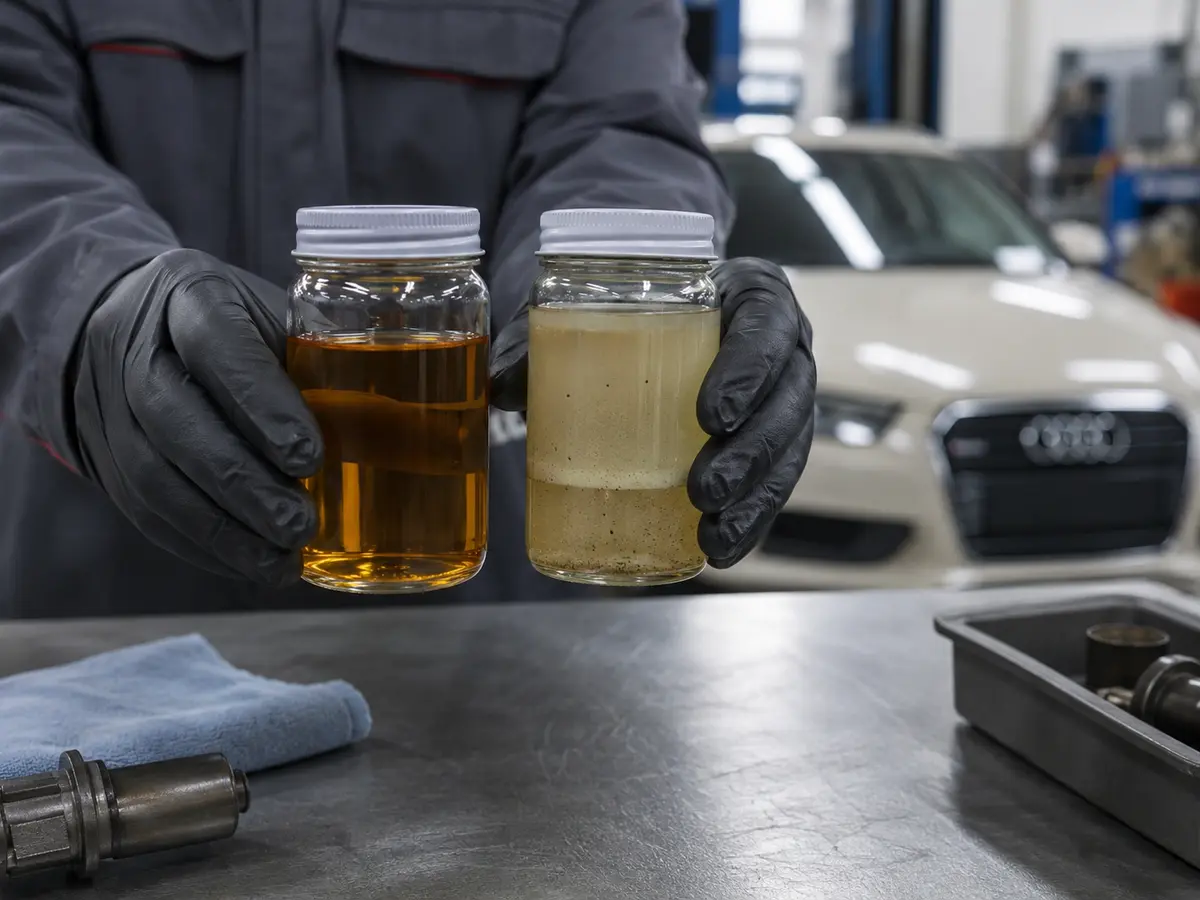 Technician comparing clean and contaminated fuel samples in a workshop