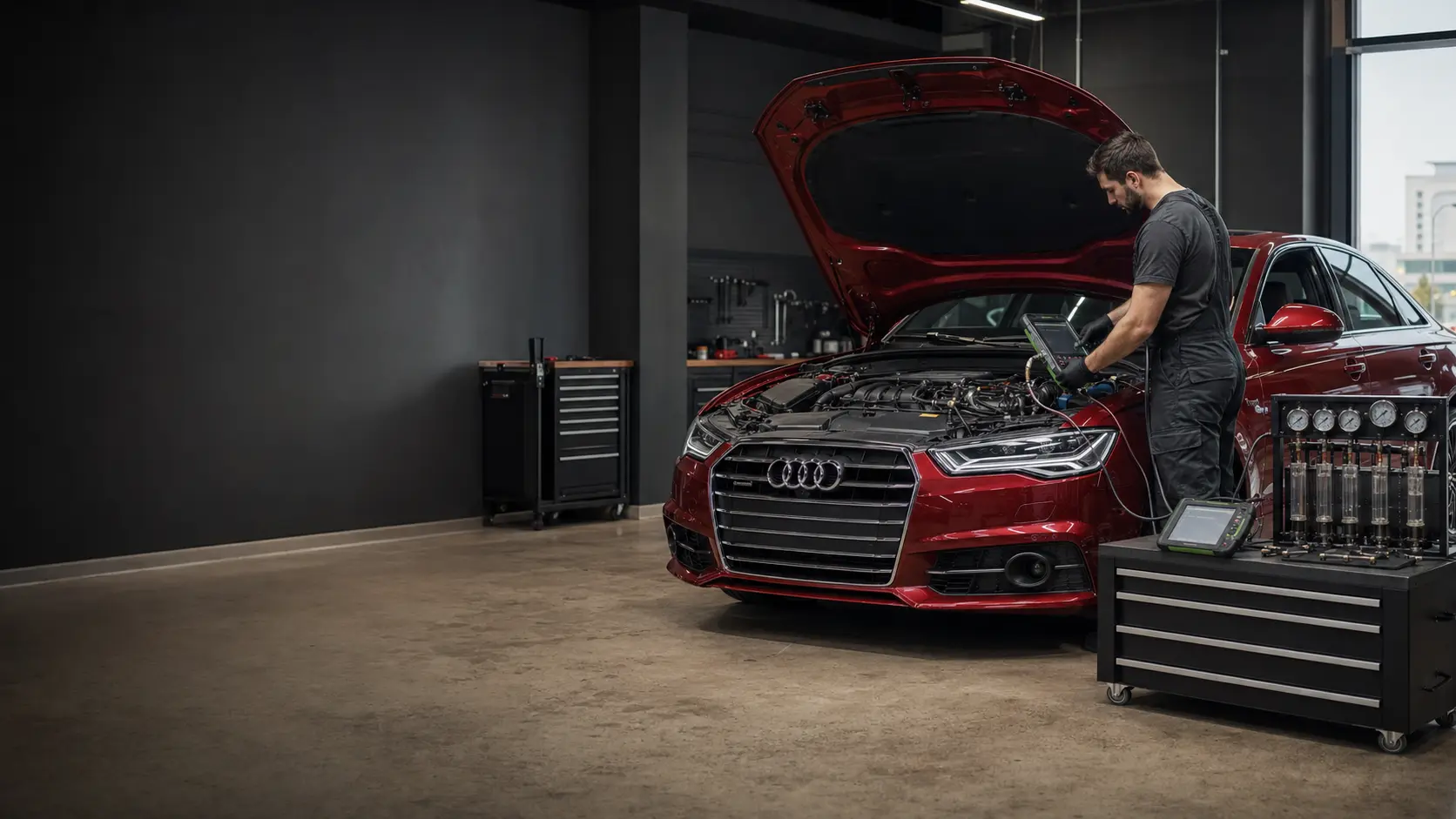 Technician diagnosing the fuel-injection system on a red Audi A6 in a Dubai workshop