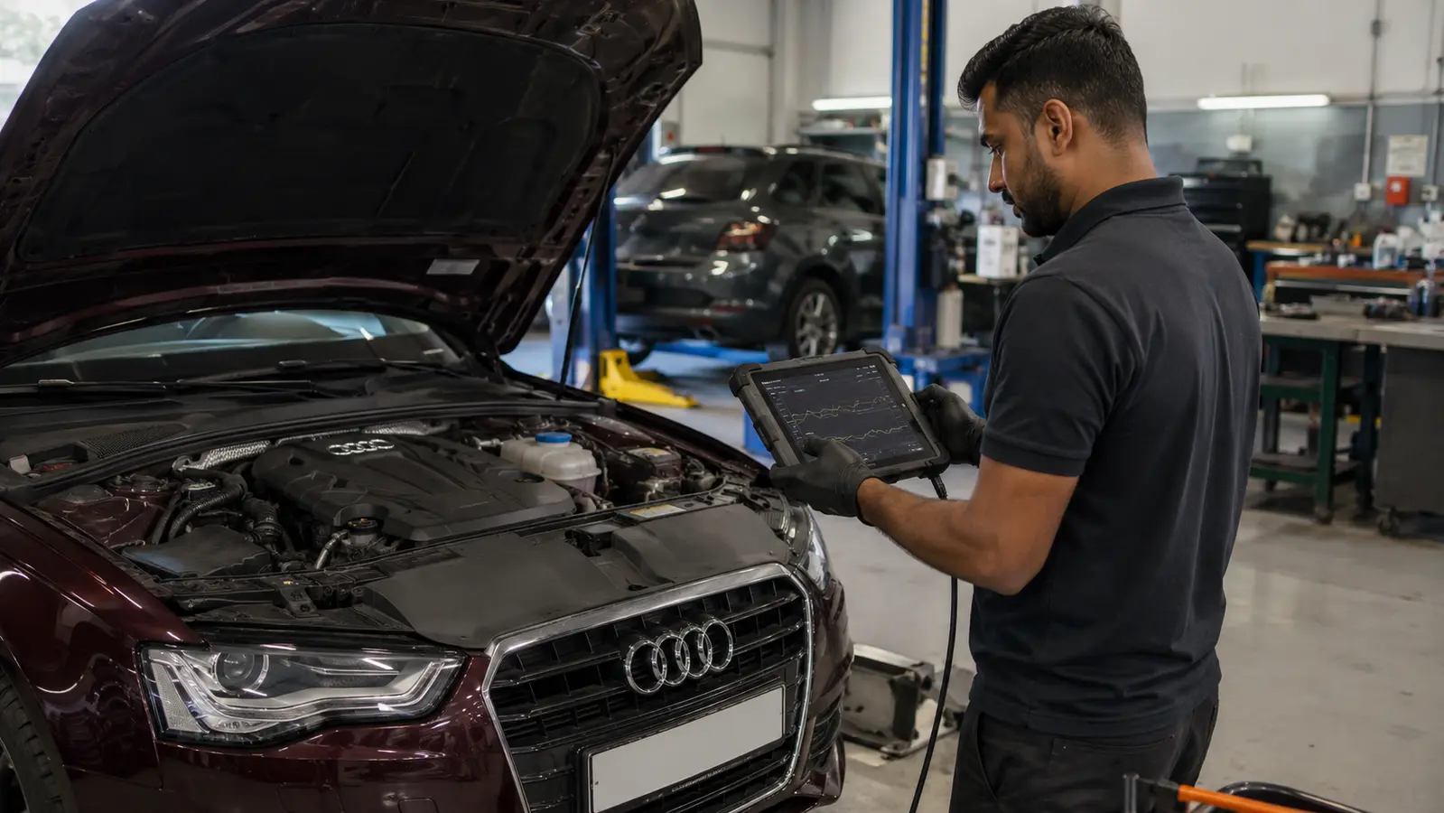 Technician comparing live fuel-pressure data beside a dark red Audi in a workshop