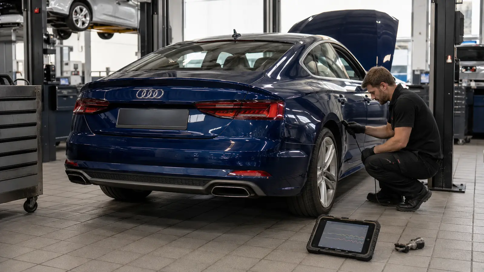 Technician checking a blue Audi after fuel-system repair with pressure data visible