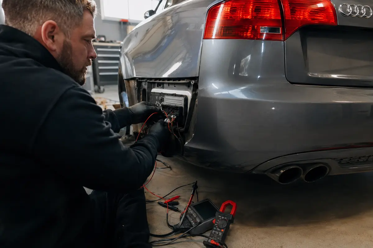 Technician testing fuel-pump controller voltage and current on a grey Audi