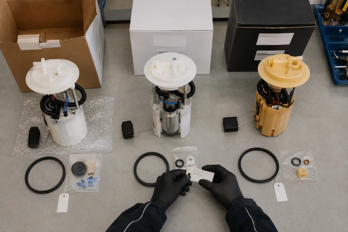 Three Audi-compatible fuel delivery modules compared on a workshop bench