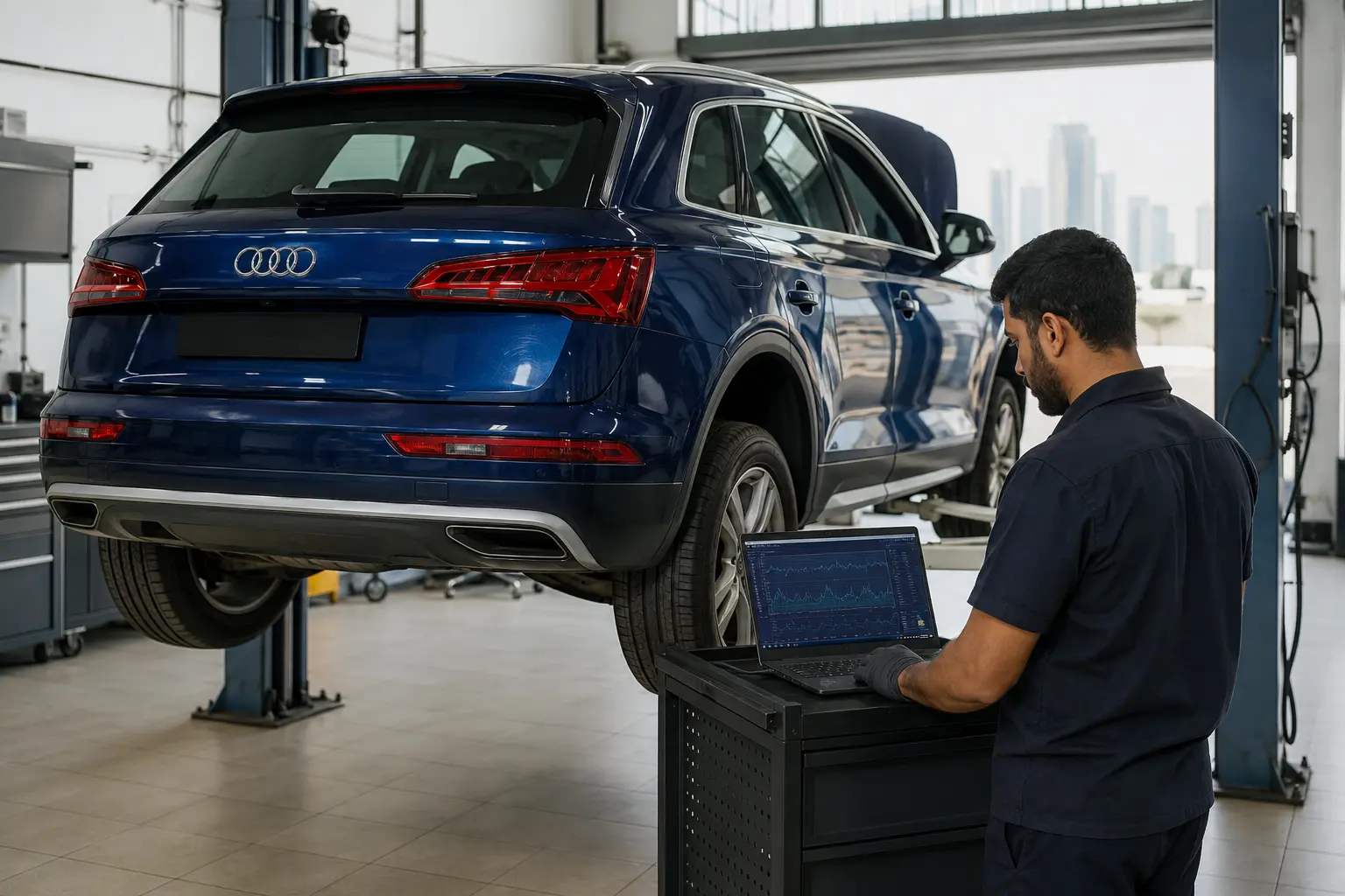 Technician reviewing transmission live data beside a blue Audi Q5