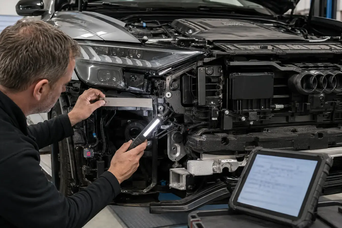 Technician checking Audi headlamp and sensor mounting points after bumper removal