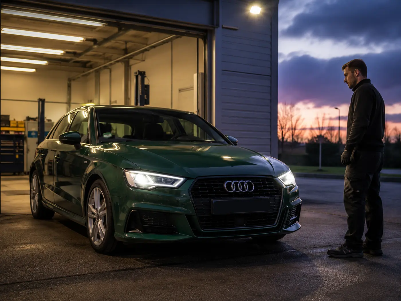 Audi headlight and daytime running light function being checked at dusk