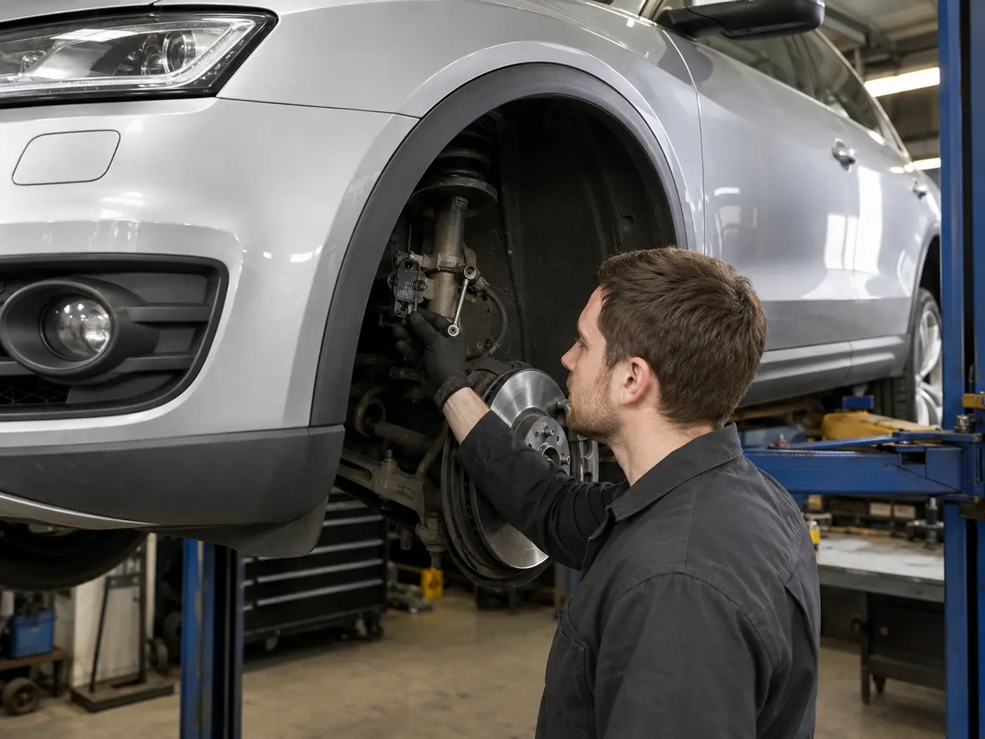 Technician inspecting an Audi suspension-mounted headlight levelling sensor