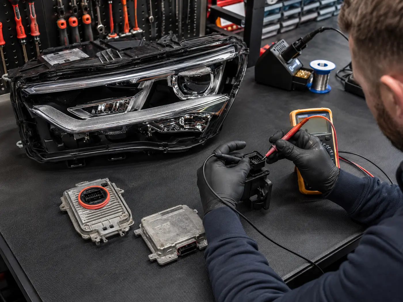 Removed Audi headlight and electronic control modules being tested on a workbench