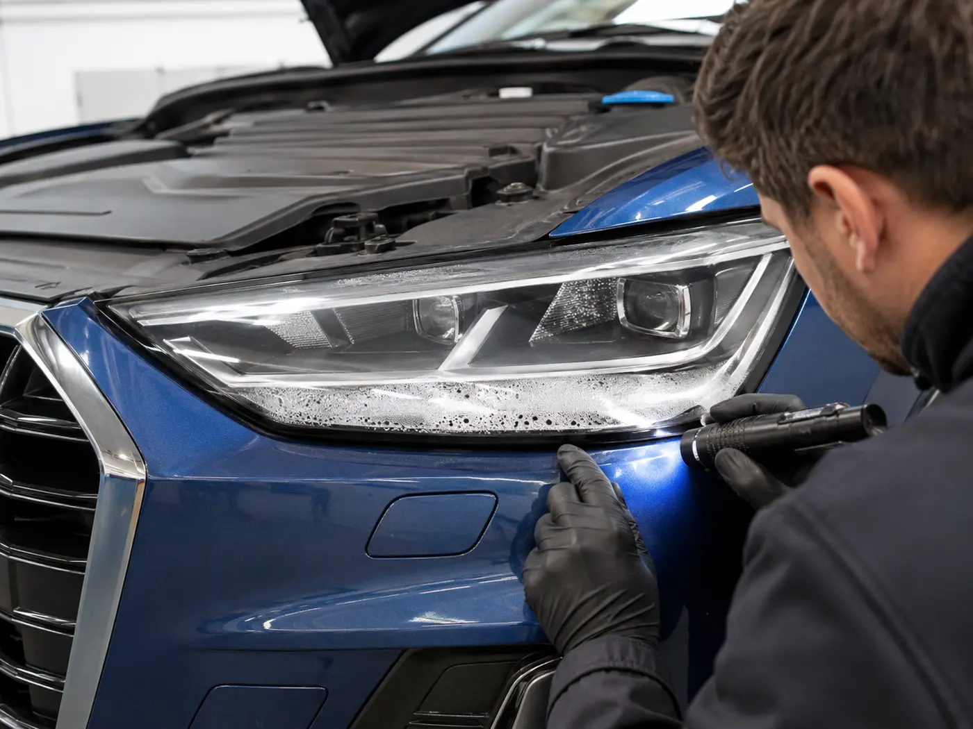 Technician inspecting moisture and sealing around an Audi headlight