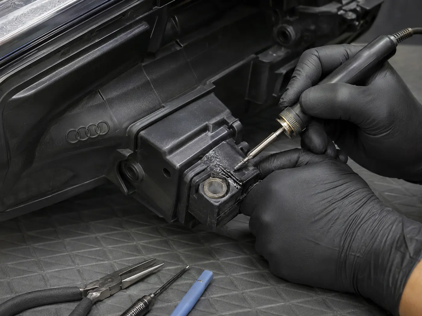 Technician repairing a broken mounting tab on an Audi headlight housing
