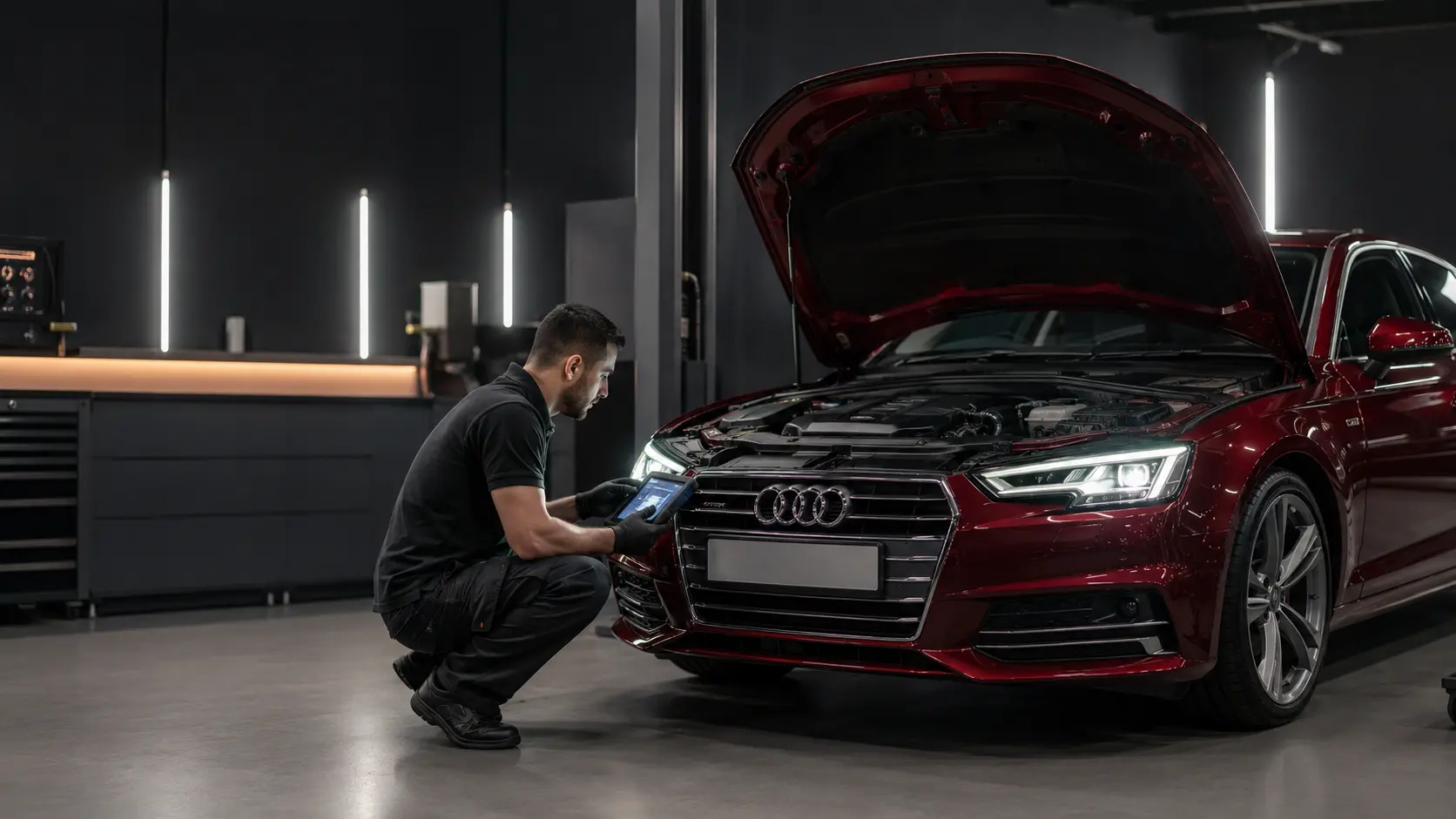 Technician diagnosing the headlight system on a red Audi in a workshop