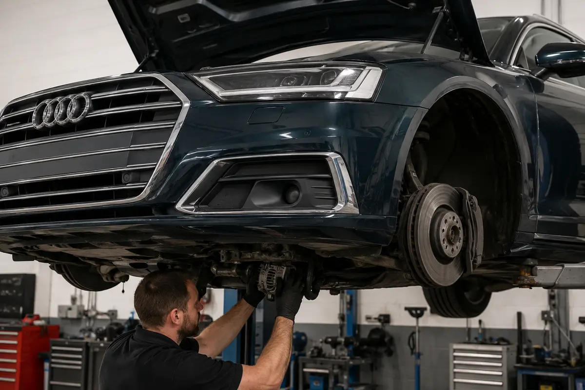 High-access Audi alternator removal context in a workshop