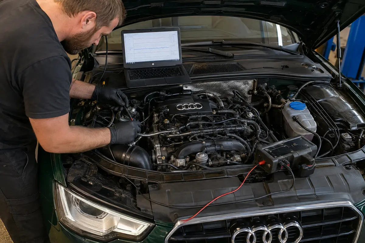 Technician inspecting the high-pressure pump and fuel-rail area on a petrol Audi engine