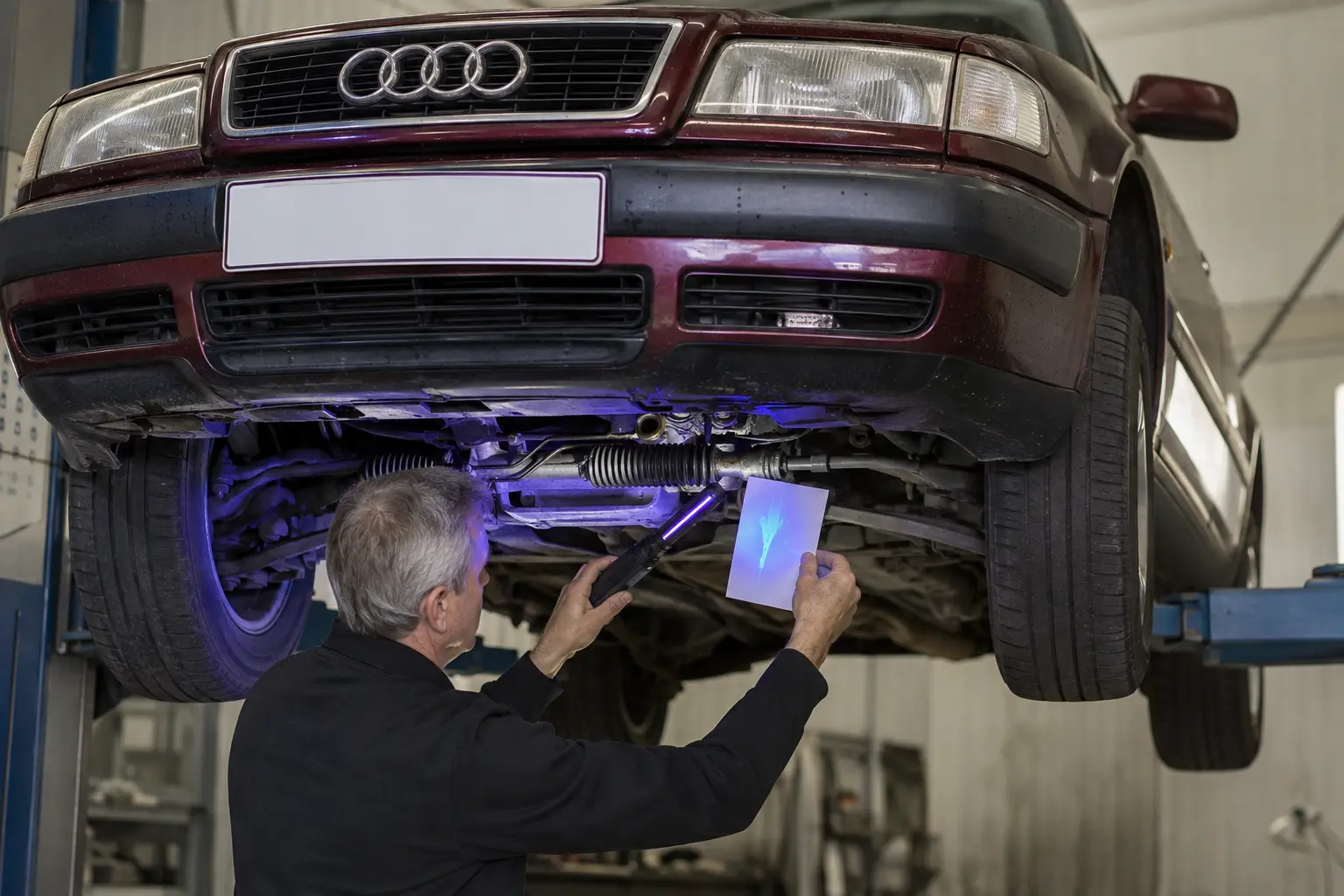 Technician tracing a hydraulic Audi steering rack leak with an inspection lamp