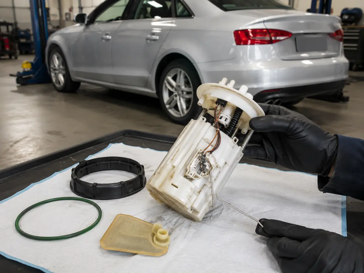 Removed Audi in-tank fuel delivery module being inspected on a clean workshop bench