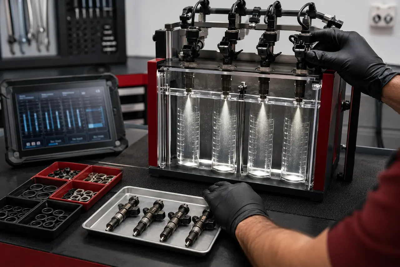 Four petrol fuel injectors compared on a workshop flow-test bench