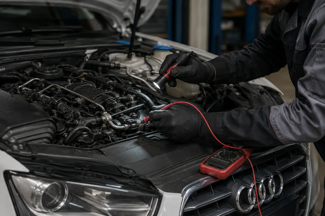 Technician checking an Audi fuel injector connector and wiring loom