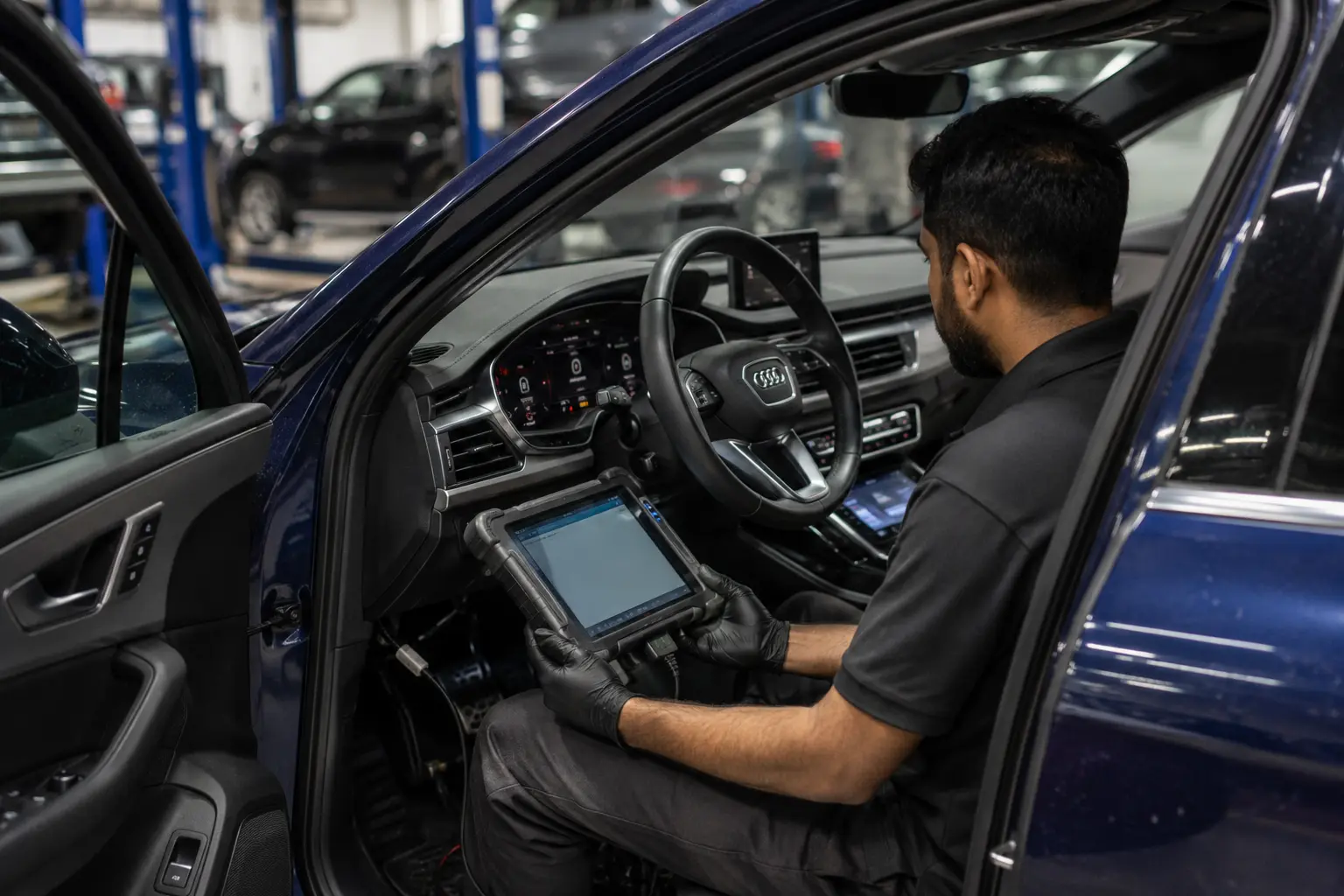 Technician diagnosing an Audi instrument cluster in a Dubai workshop