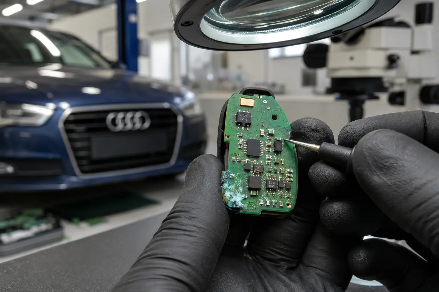 Audi remote-key circuit board inspected for corrosion and solder damage