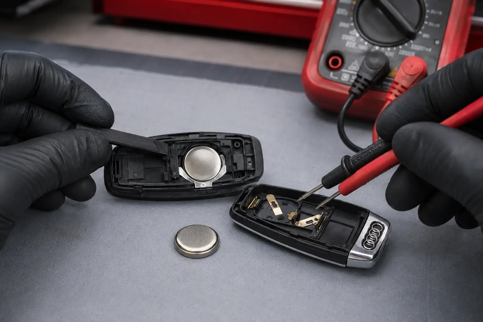 Audi key fob opened for coin-cell battery and contact inspection
