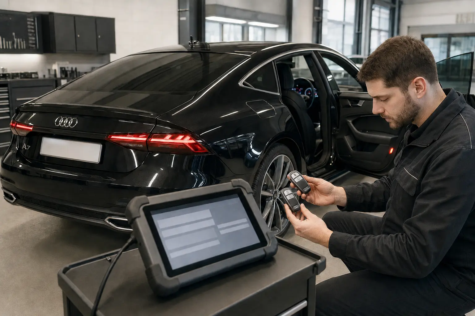 Technician comparing Audi keys during vehicle-side recognition diagnosis