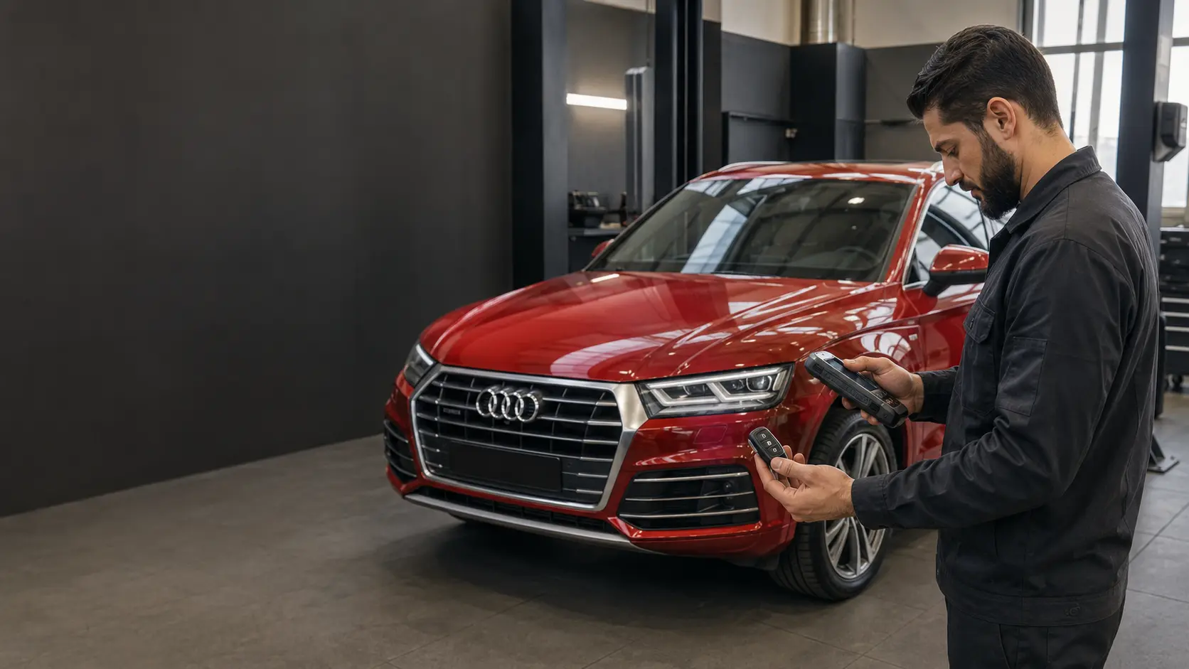 Technician identifying an Audi key beside a red Audi Q5