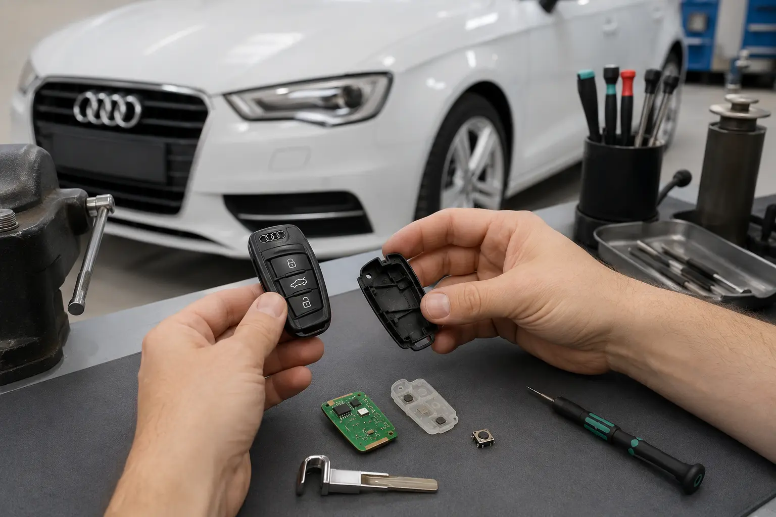 Technician inspecting an Audi key shell, membrane and microswitch